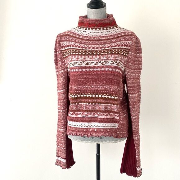 Free People Red & Pink Knit Sweater Cowl Neck Puff Sz L Boho Cottagecore NWT - Picture 2 of 16